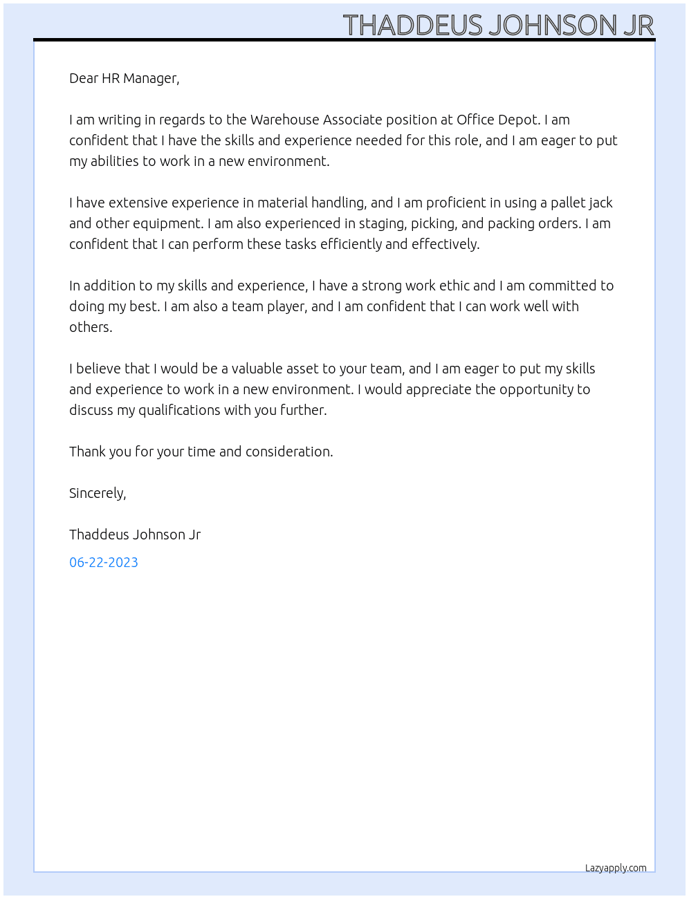Warehouse Associate At Office Depot Cover Letter