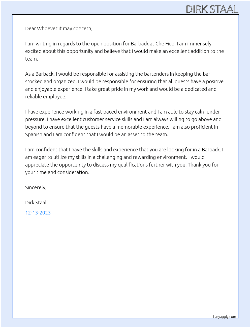 Barback At Che Fico Cover Letter