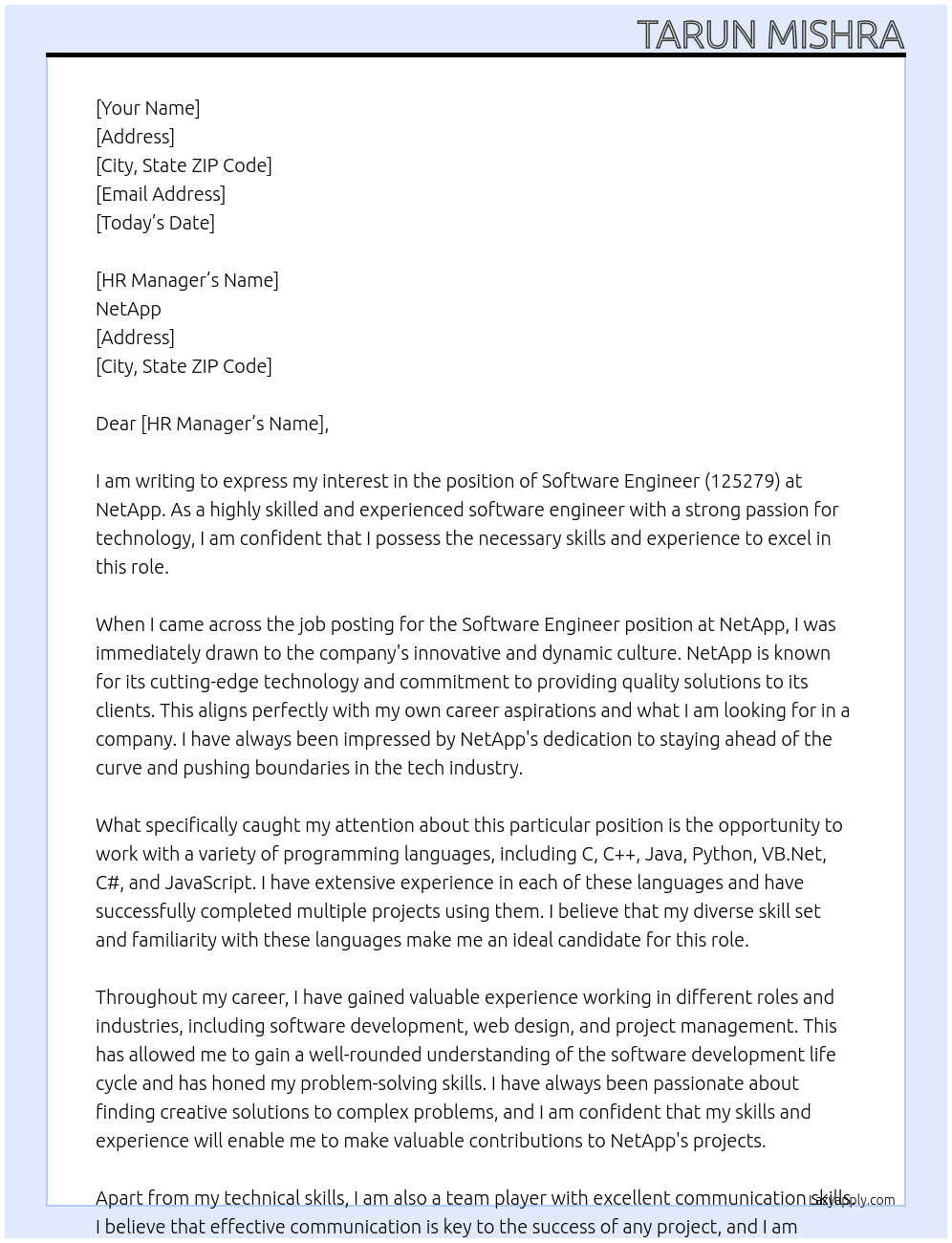 Software Engineer (125279) At NetApp Cover Letter