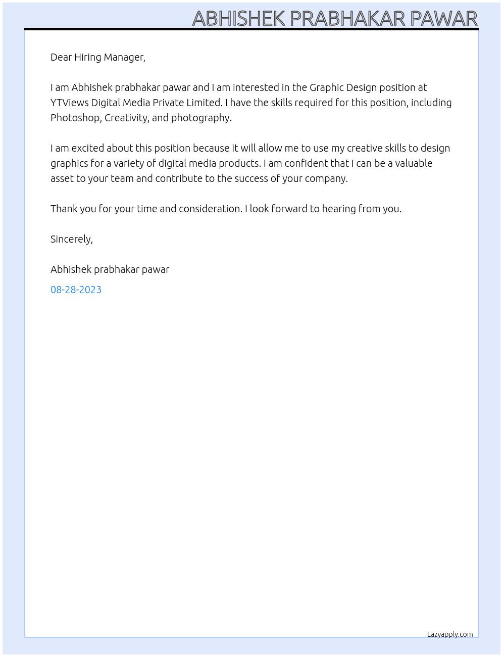Graphic Design At YTViews Digital Media Private Limited Cover Letter