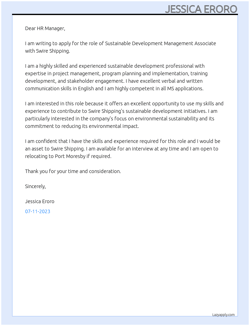 Sustainable Development Management Associate At Swire Shipping Cover Letter