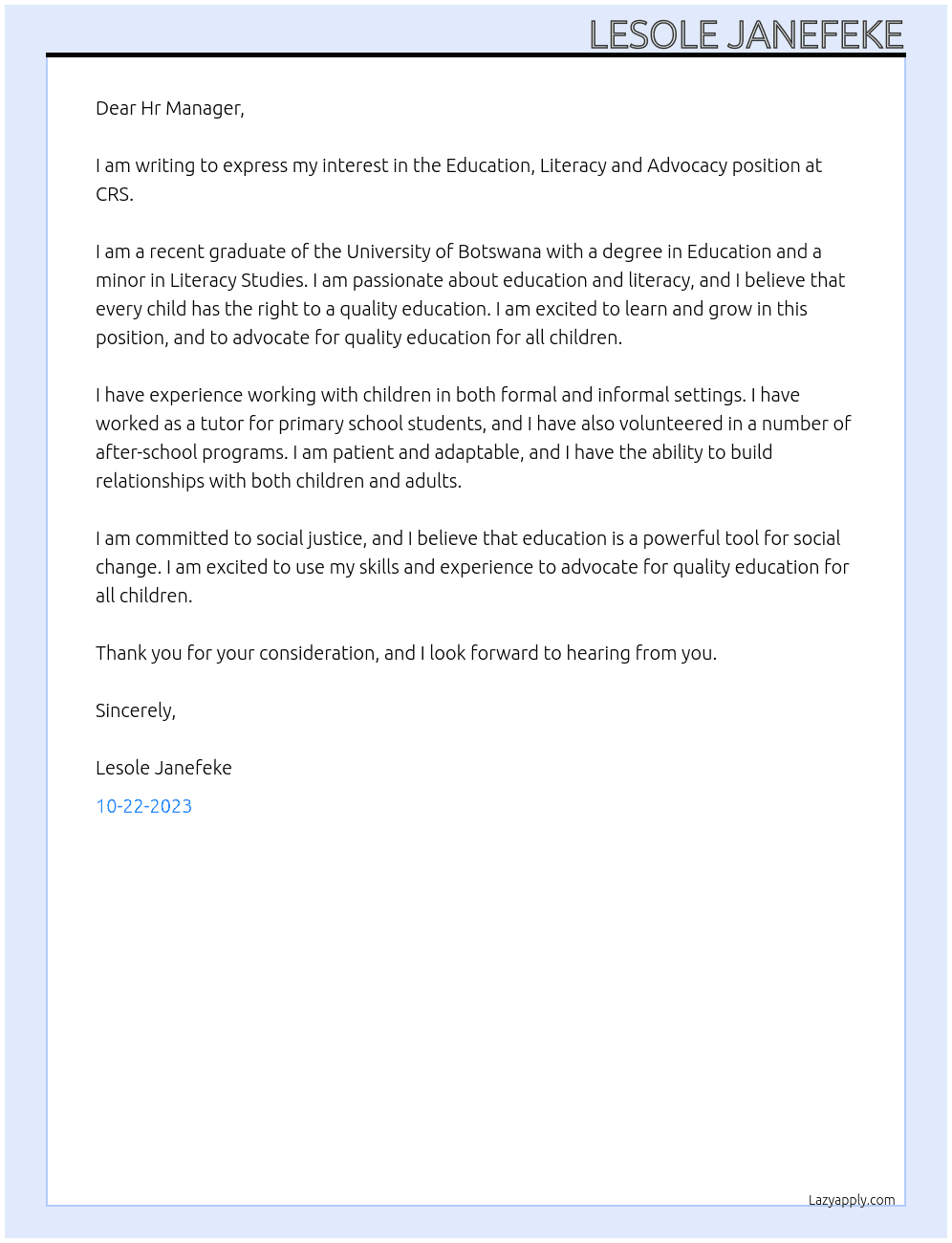 Education, Literacy and Advocancy At CRS Cover Letter