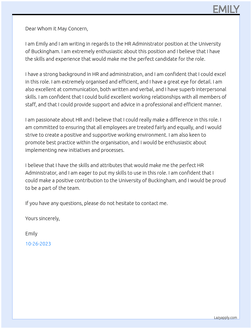 HR Administrator At University of Buckingham  Cover Letter