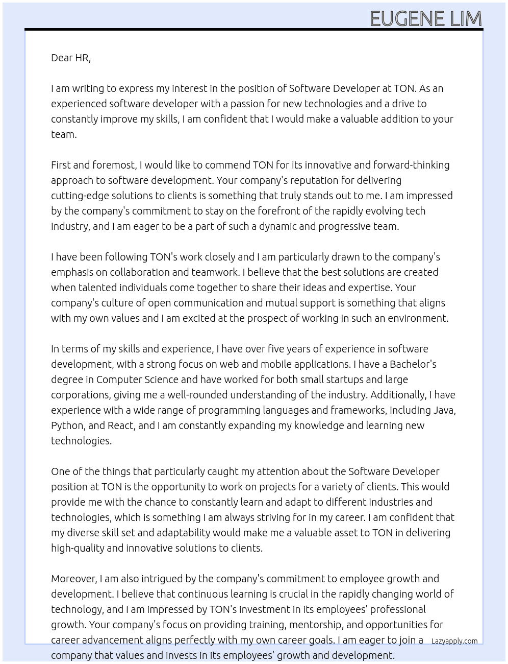 Software Developer At TON Cover Letter
