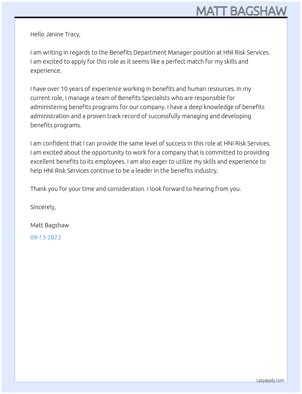 Benefits Department Manager At HNI Risk Services Cover Letter