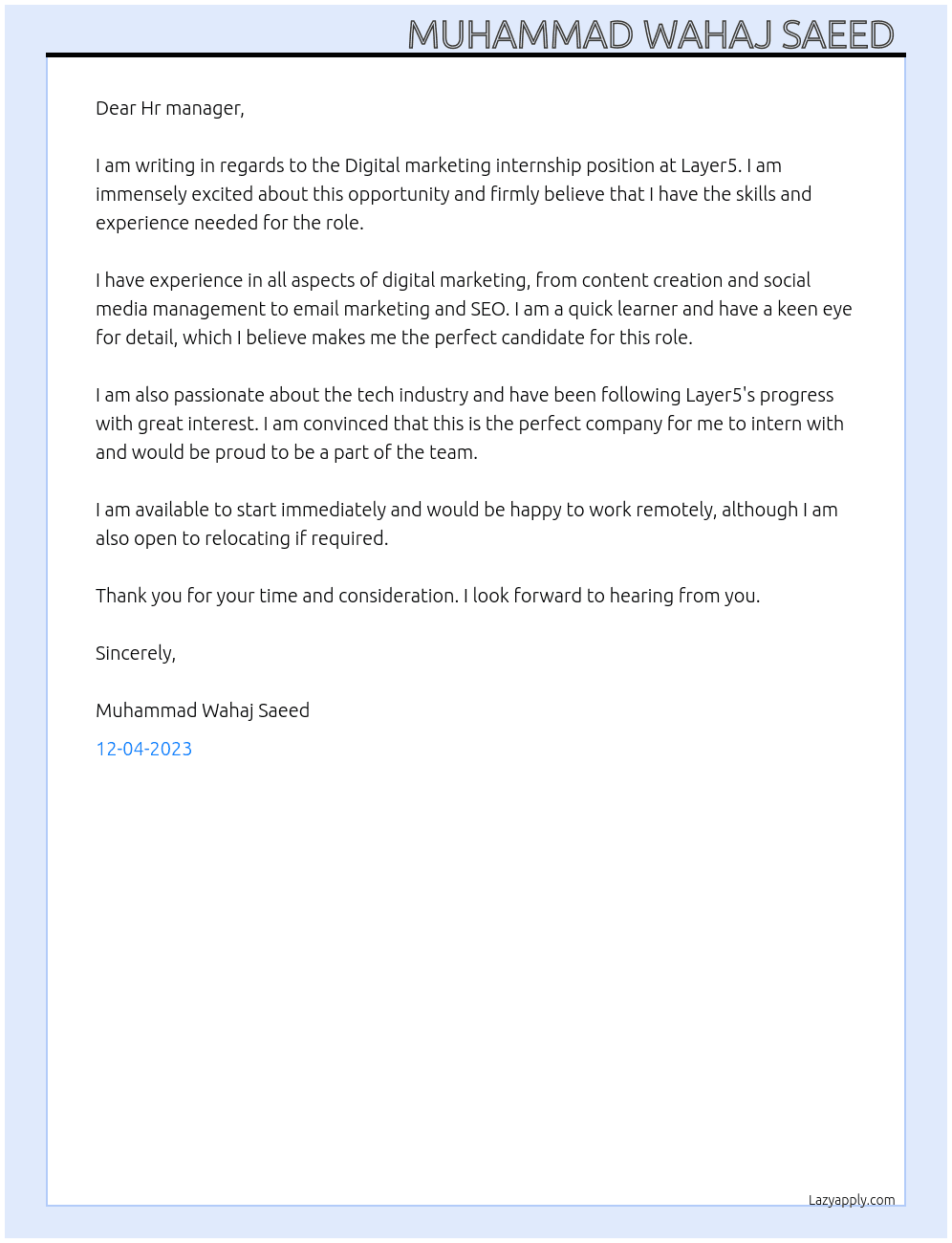 Digital marketing internship  At Layer5 Cover Letter