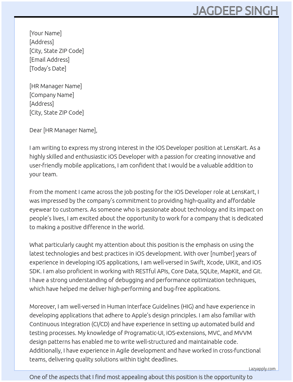 iOS Developer At LensKart Cover Letter