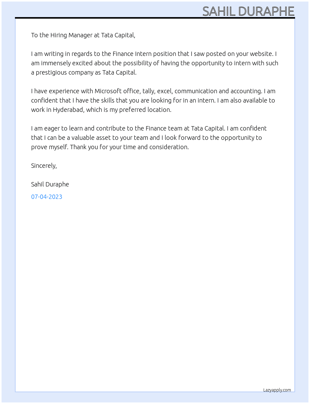 Finance Intern At Tata Capital Cover Letter