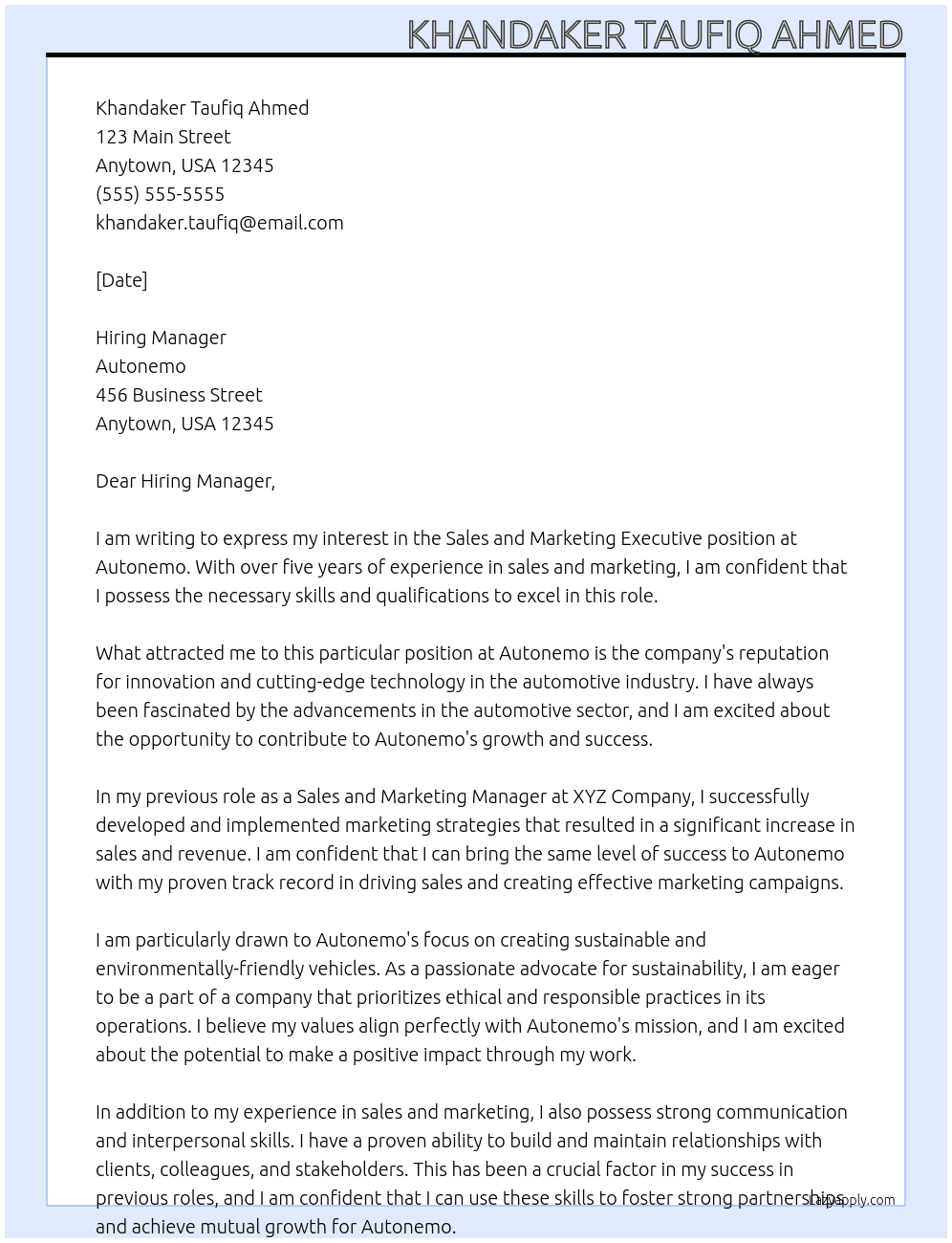 Sales and Marketing Executive" At Autonemo Cover Letter
