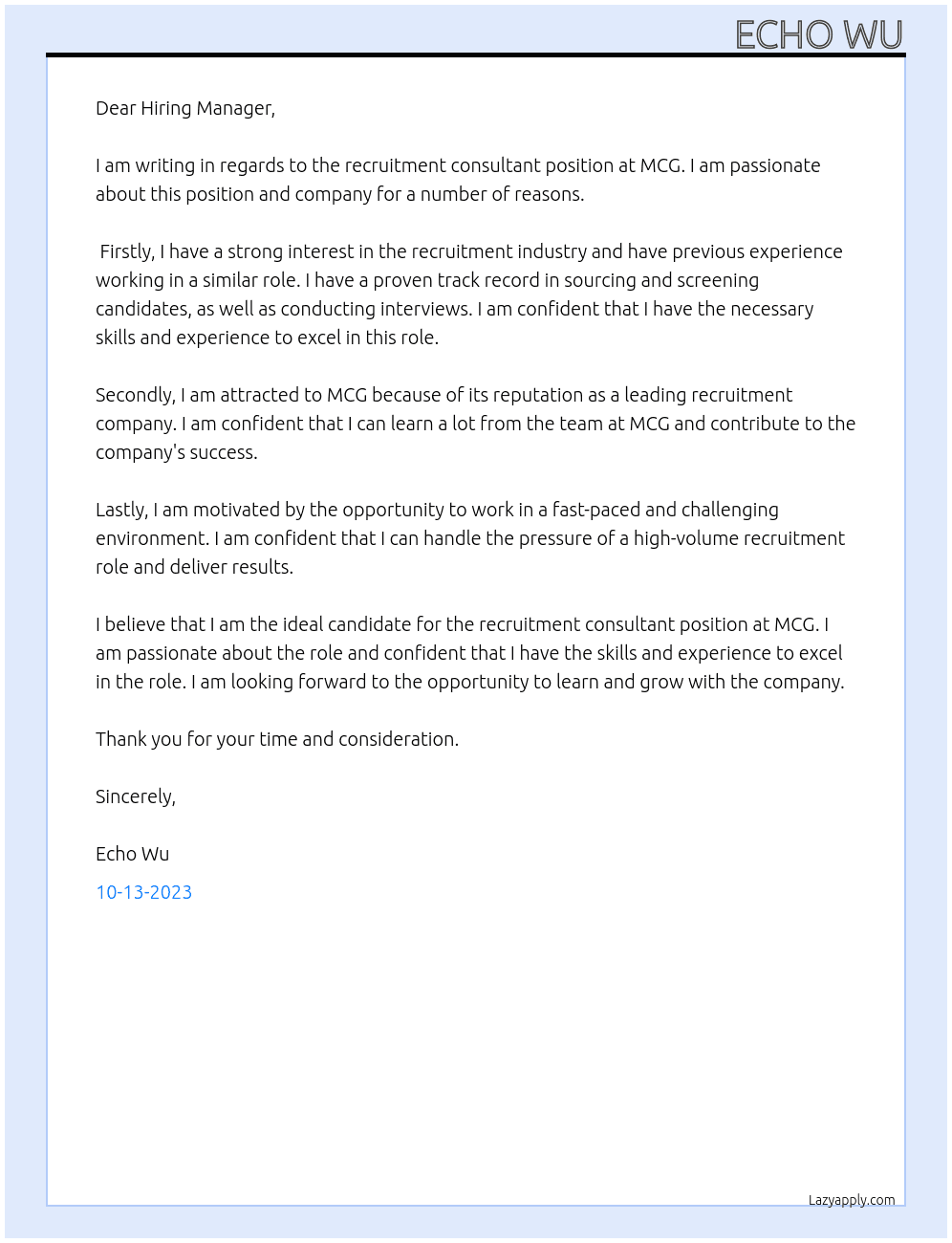 recruitment consultant At MCG Cover Letter