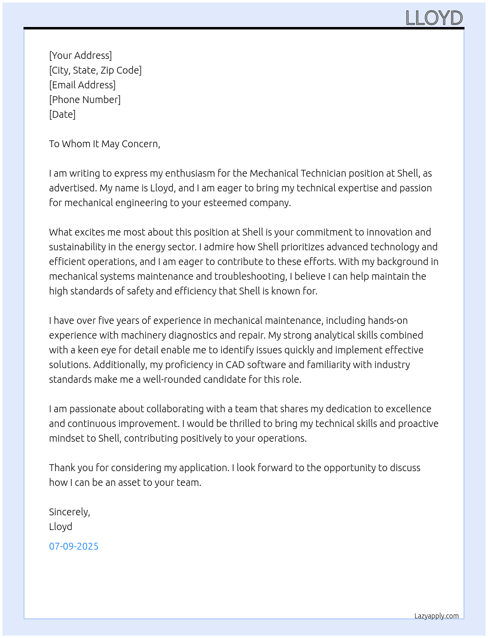 Mechanical Technician At Shell Cover Letter