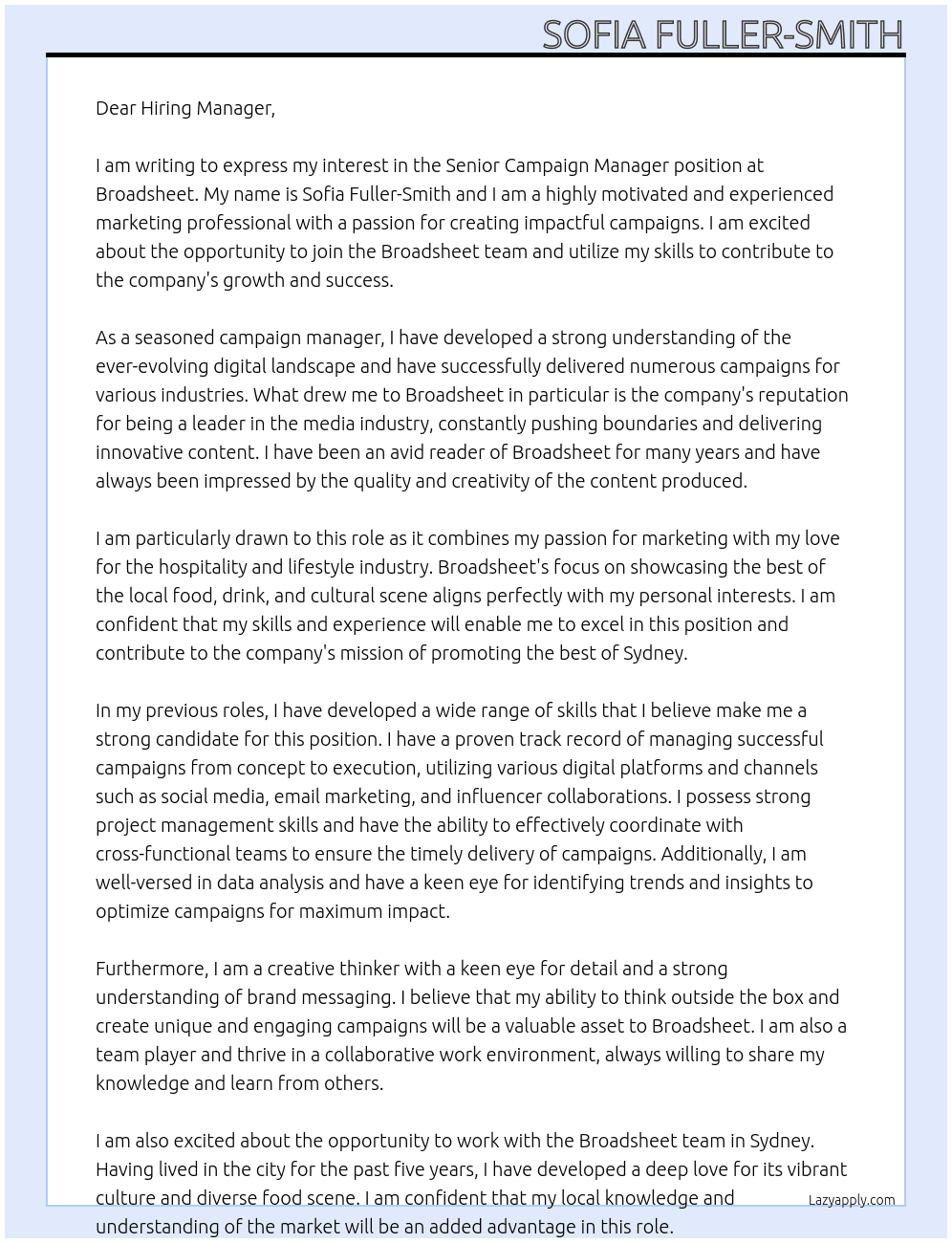 Senior Campaign Mnaager At Broadsheet Cover Letter