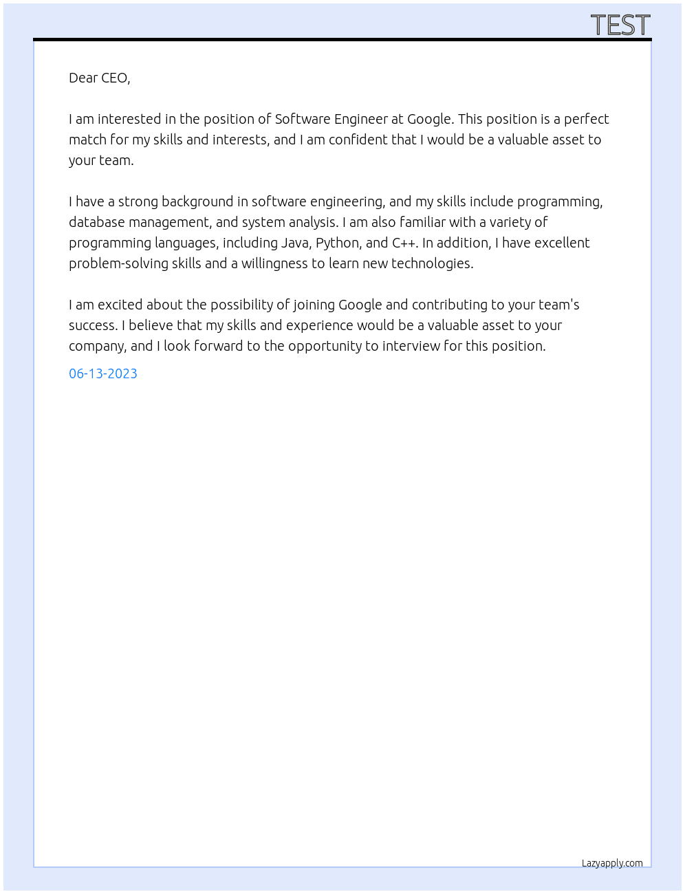 Software Engineer At Googlr Cover Letter