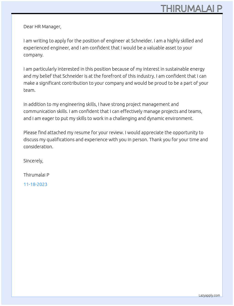 engineer At Schneider Cover Letter