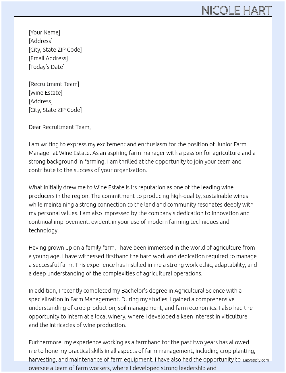 Cover letter for junior farm manager - LazyApply