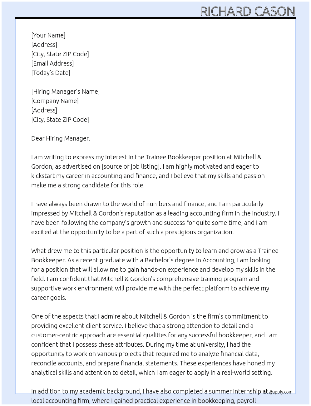 Trainee Bookkeeper At Mitchell & Gordon Cover Letter
