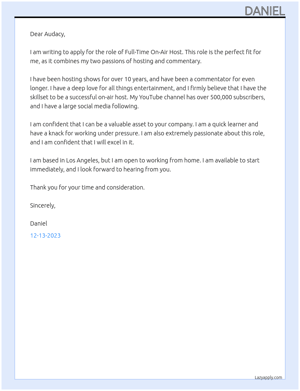 Full Time On-Air Host At Audacy, Inc. Cover Letter