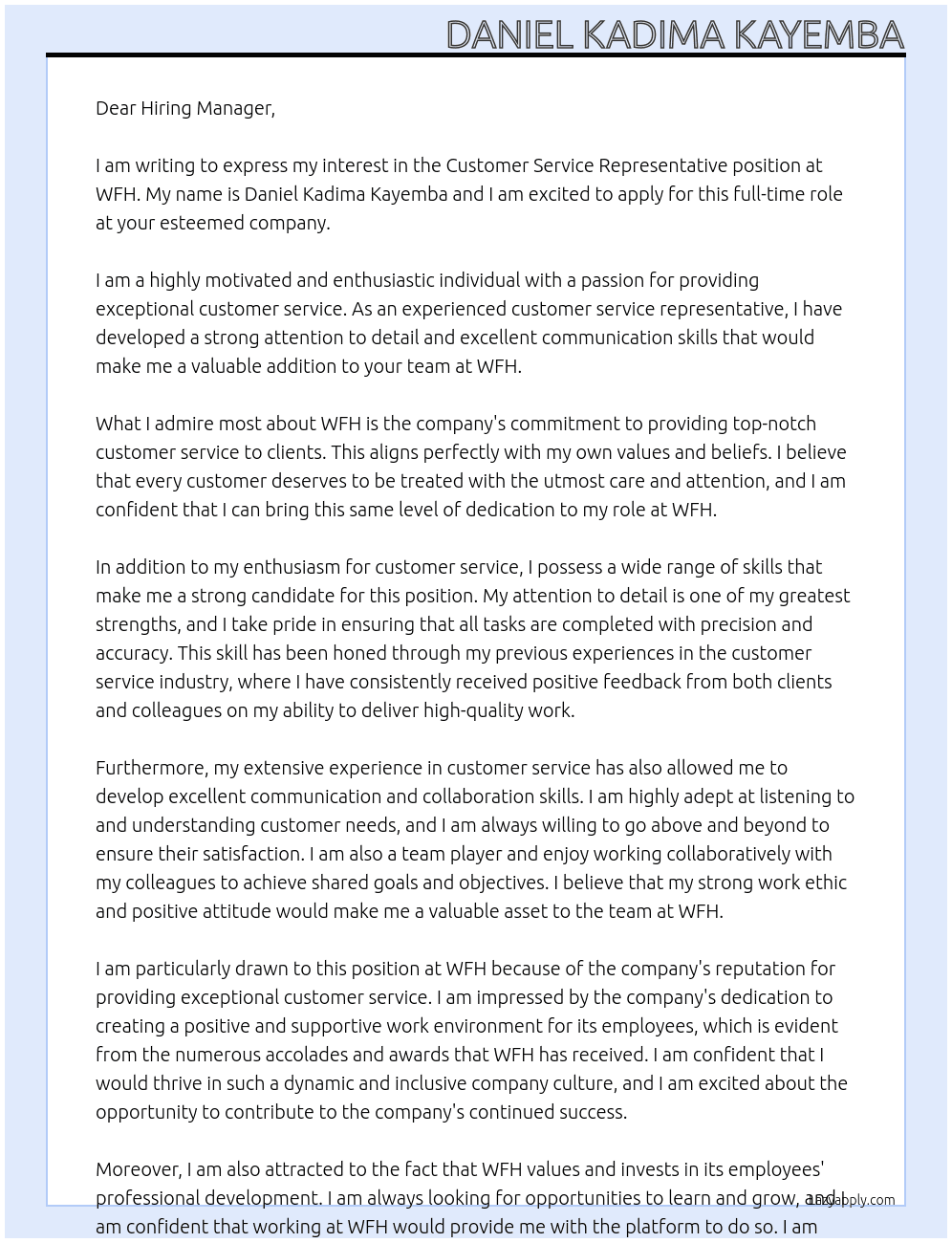 Customer Service Representative At WFH Cover Letter