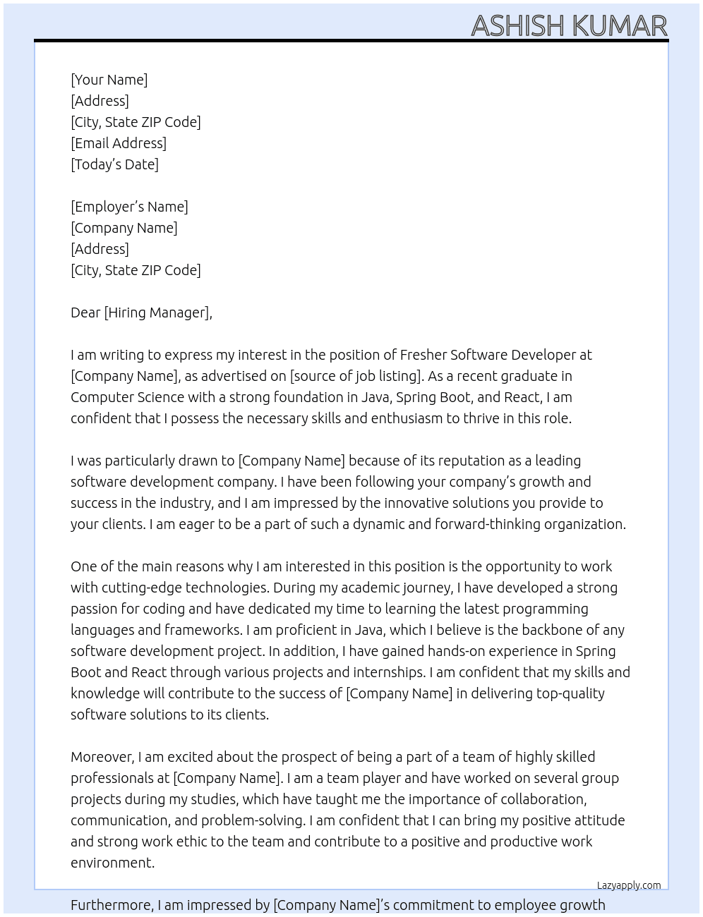 Fresher Software developer At Arisen Cover Letter