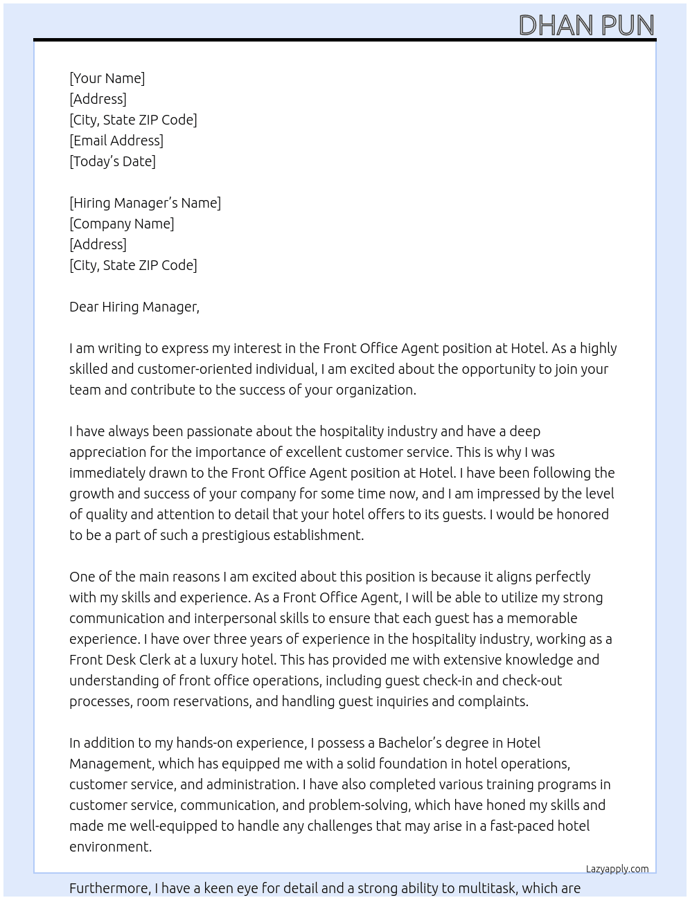 Front office agent At Hotel Cover Letter