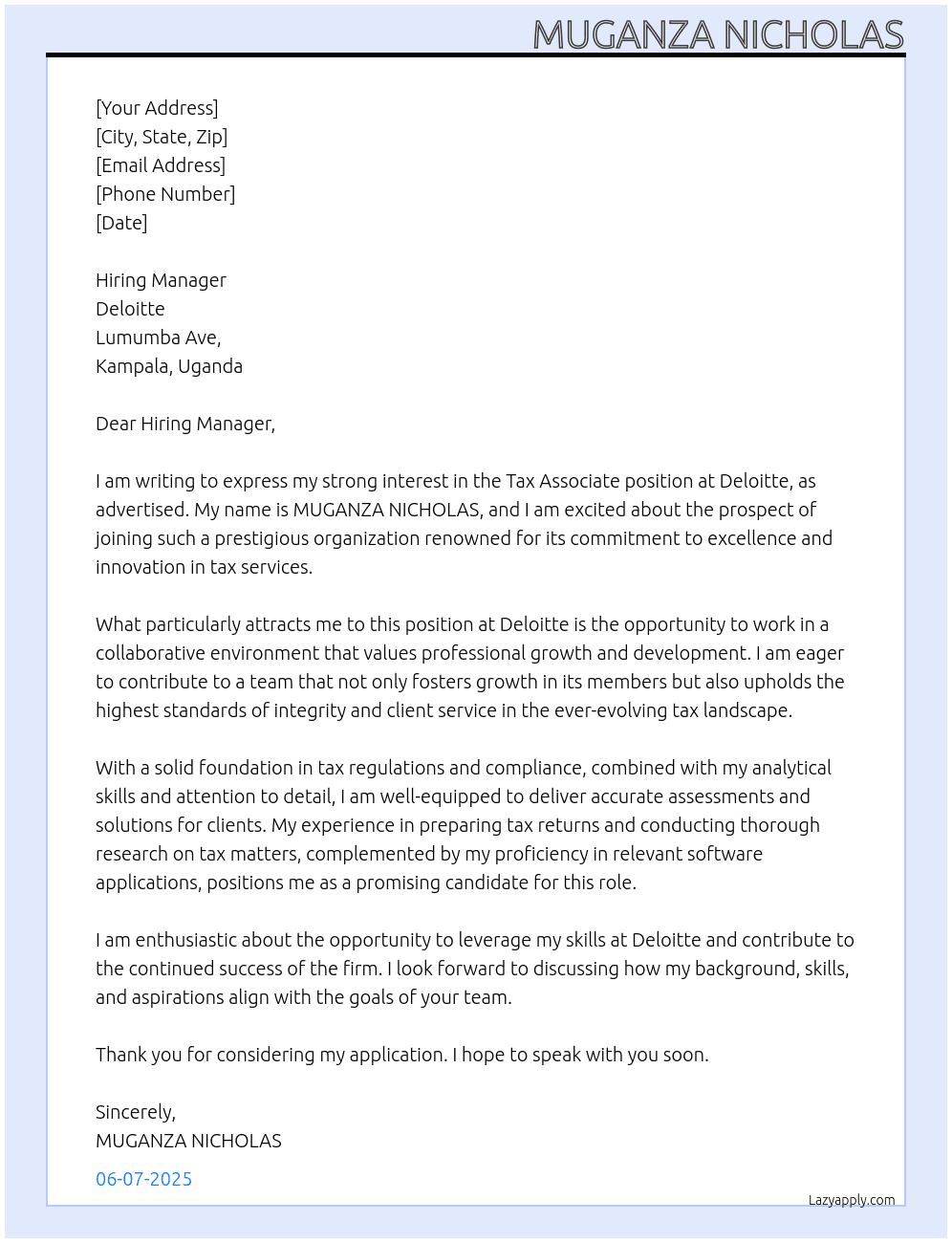 Tax Associate At Deloitte Lumumba Ave, Kampala, Uganda Cover Letter