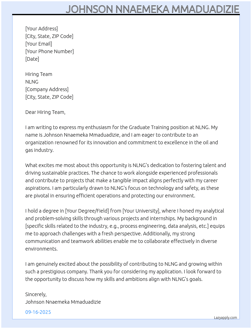 Graduate training At NLNG Cover Letter