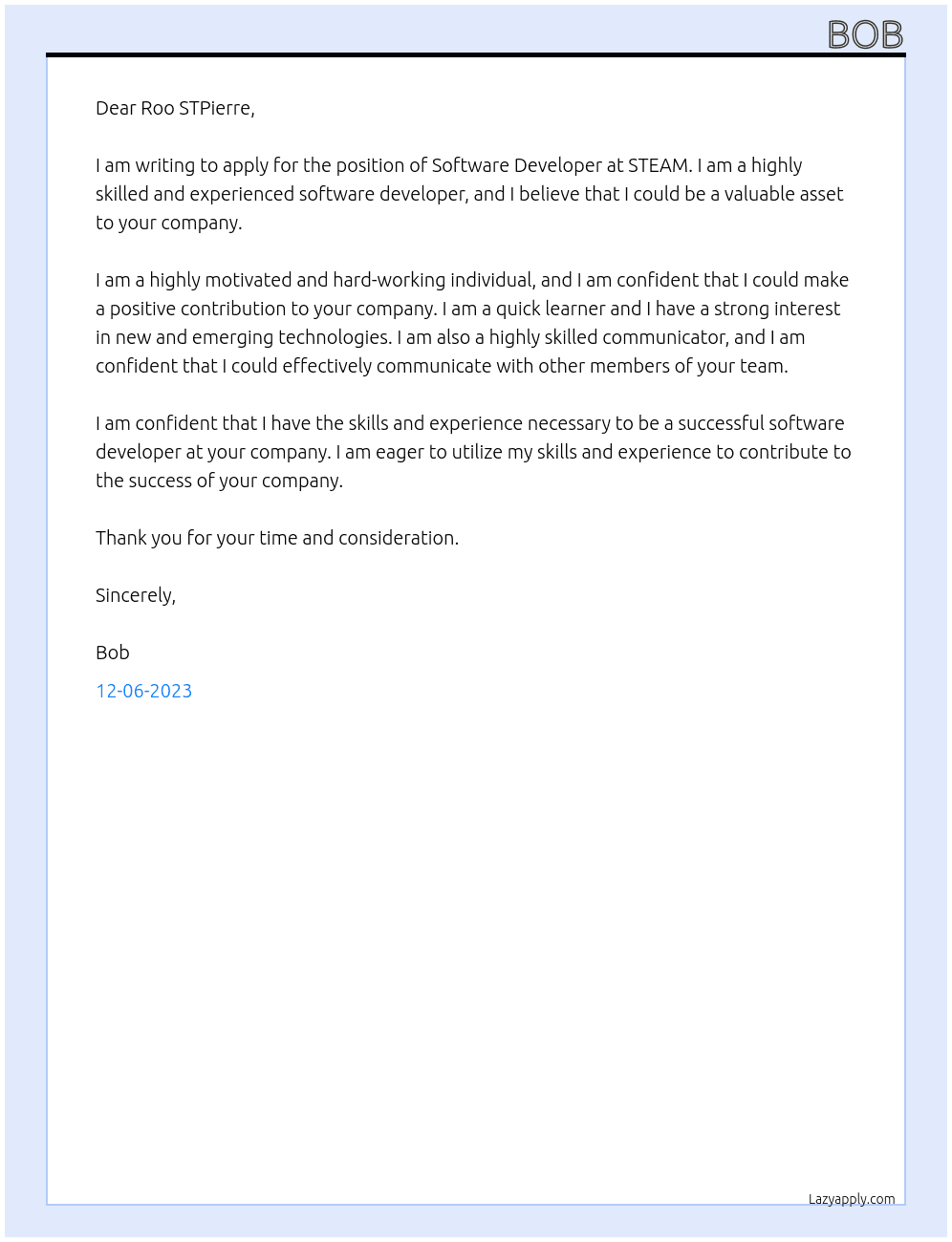 Software Developer At STEAM Cover Letter