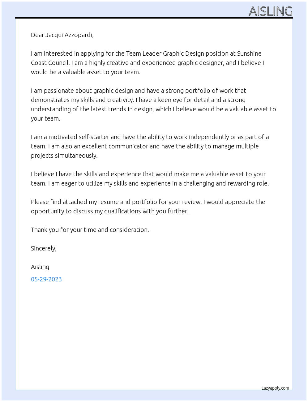 Team Leader Graphic Design At Sunshine Coast Council Cover Letter