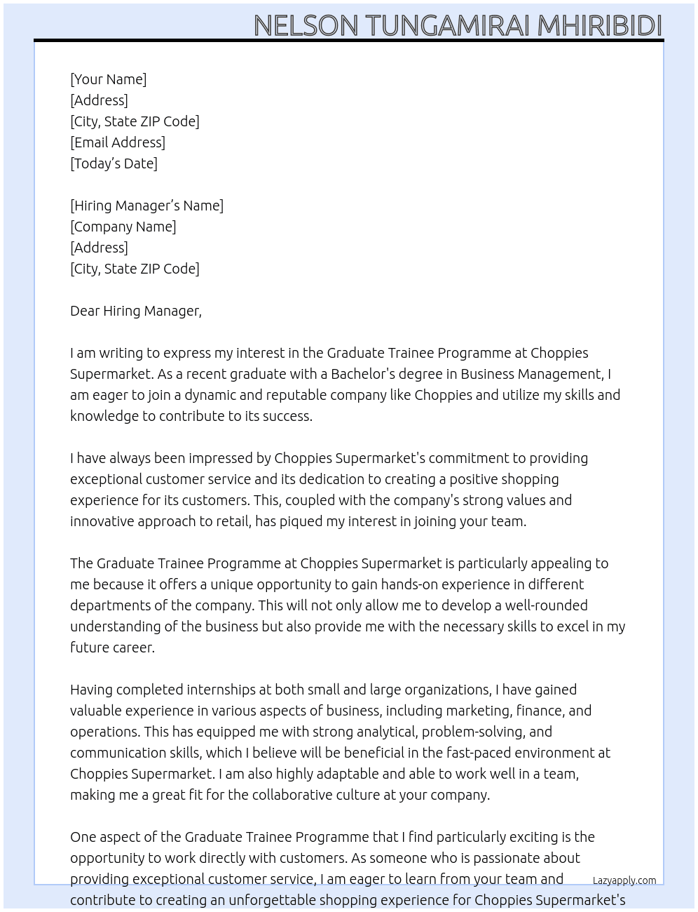 graduate trainee programme At Choppies Supermarket Cover Letter
