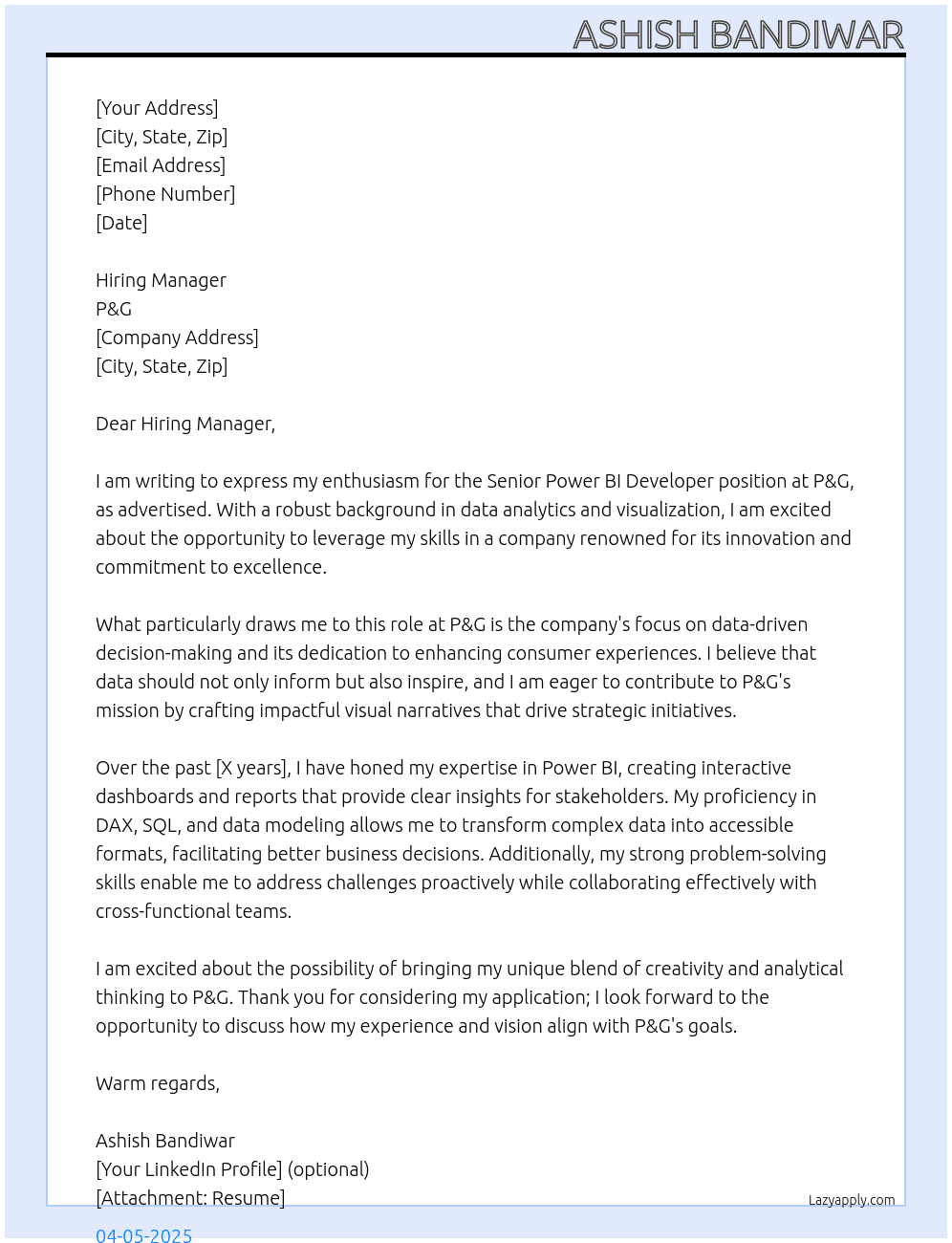 Senior Power BI Developer At P&G Cover Letter