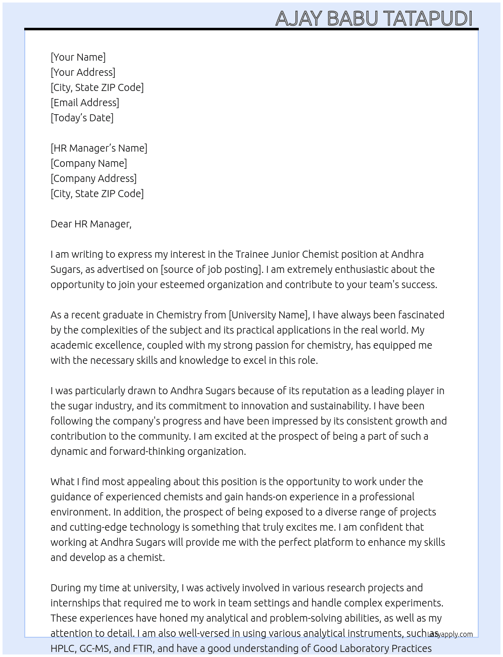 Trainee junior chemist  At Andhra sugars  Cover Letter