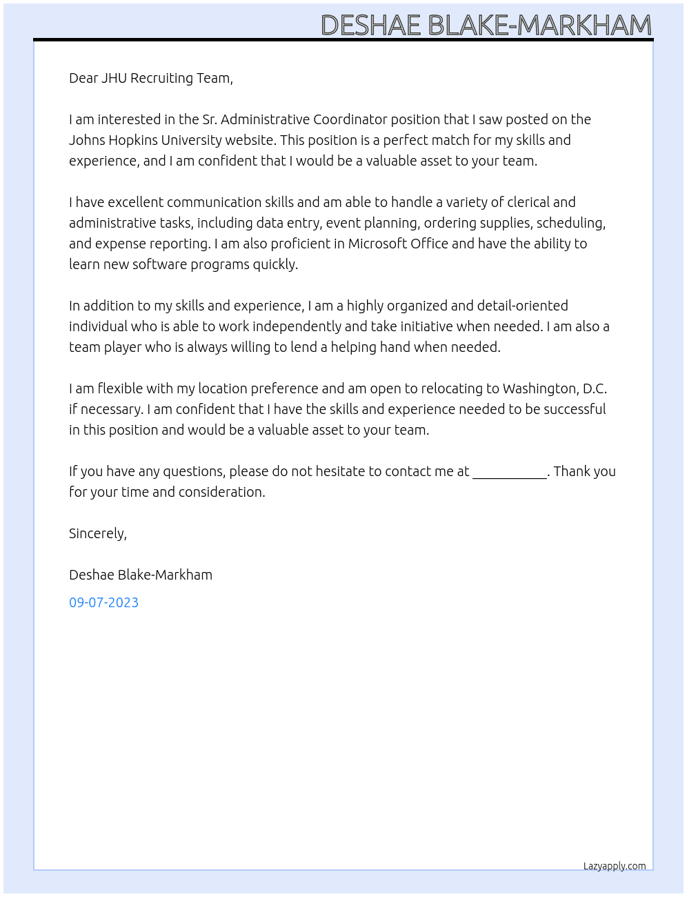 Sr. Administrative Coordinator At Johns Hopkins University Cover Letter