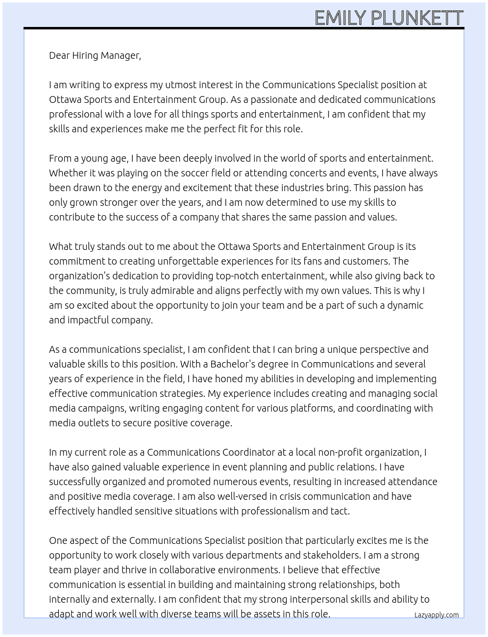Communications Specialist At Ottawa Sports and Entertainment Group Cover Letter