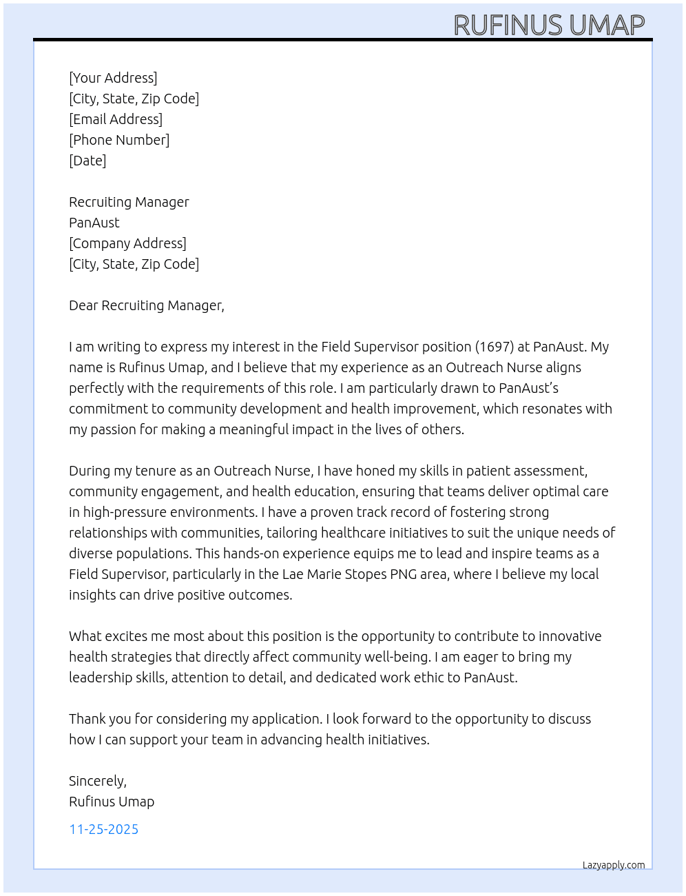 Field Supervisor (1697) At PanAust Cover Letter