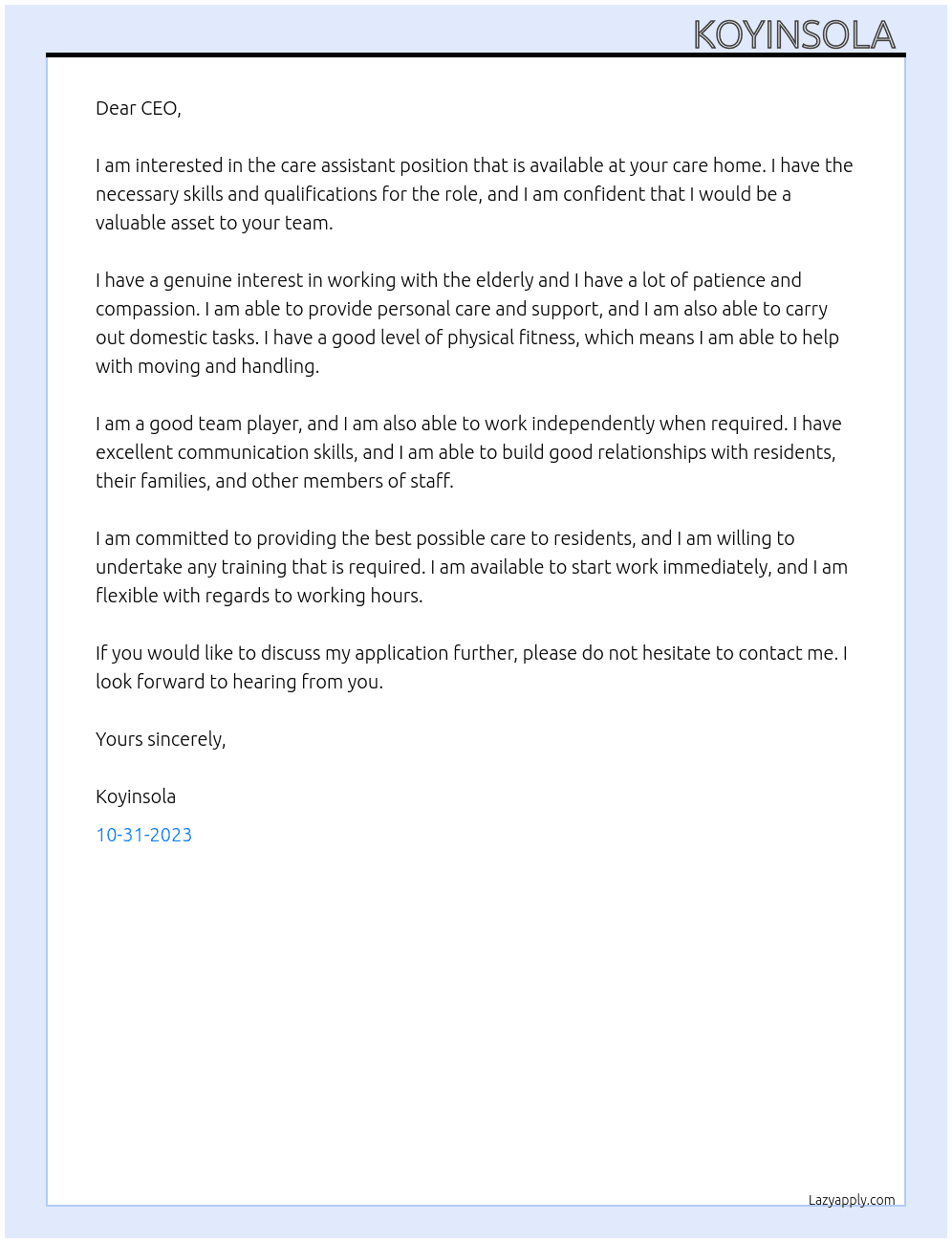 Care assistant  At Care home Cover Letter