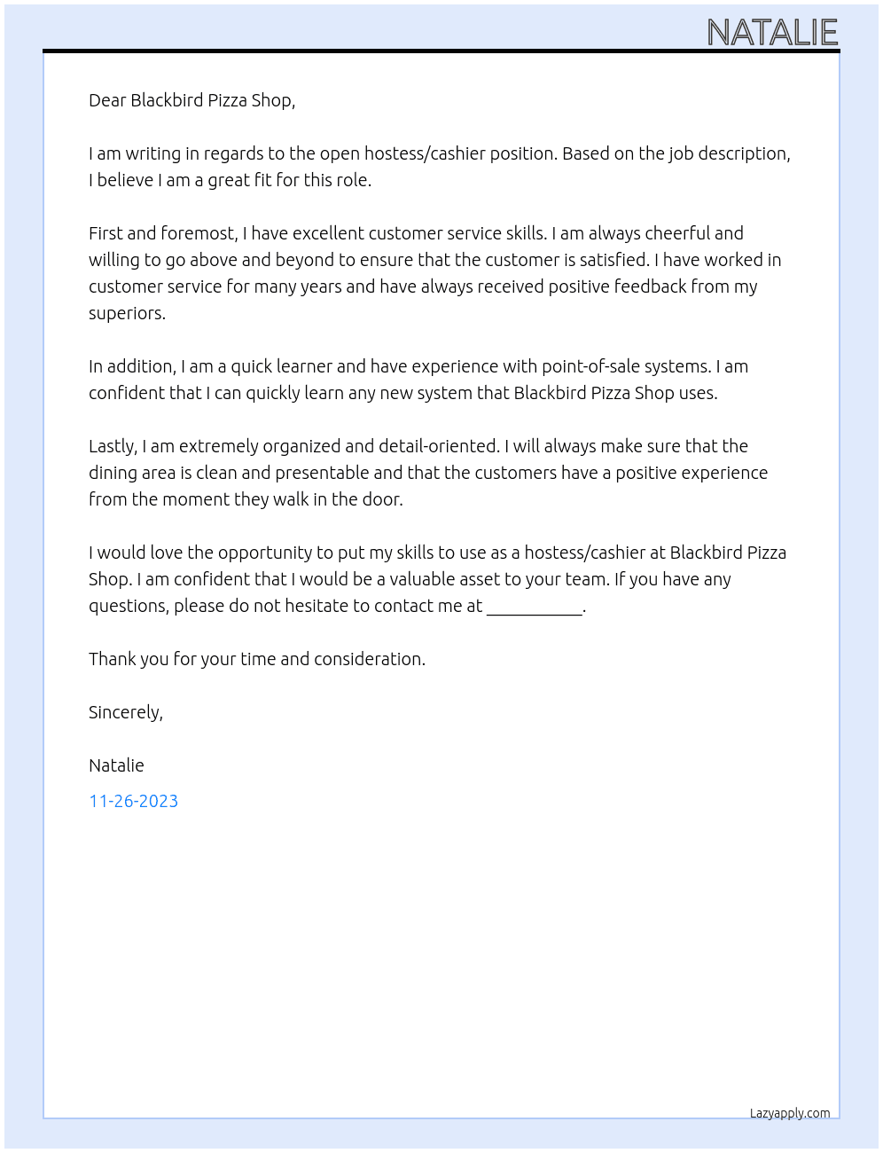 Hostess/Cashier At Blackbird Pizza Shop Cover Letter