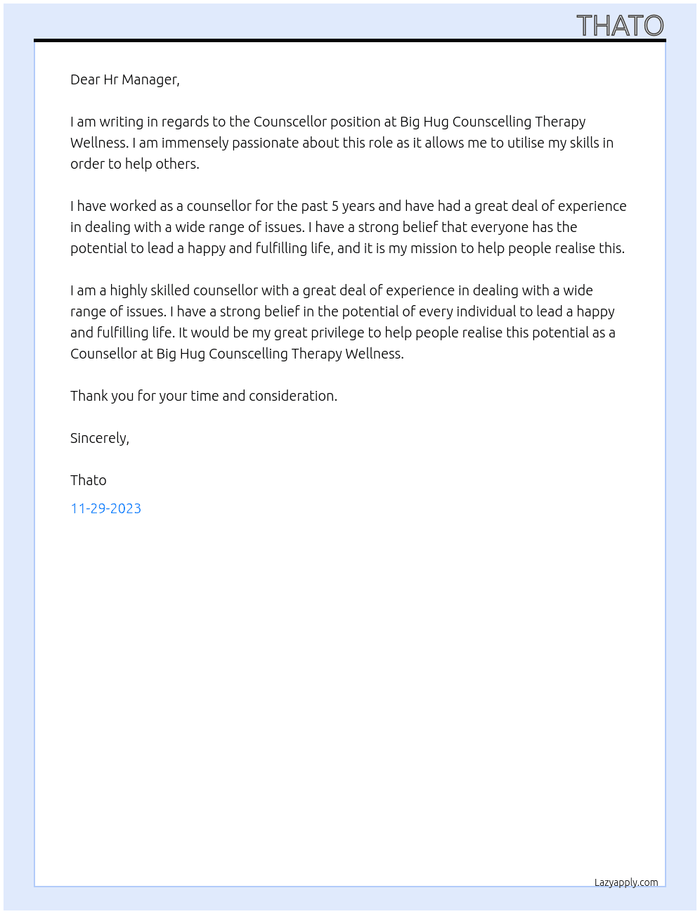 Counscellor At Big hug counscelling therapy wellness Cover Letter