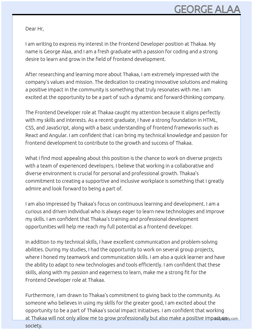 Frontend Developers At Thakaa Cover Letter