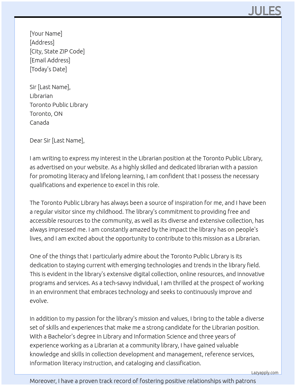 Librarian At Toronto Public Library Cover Letter