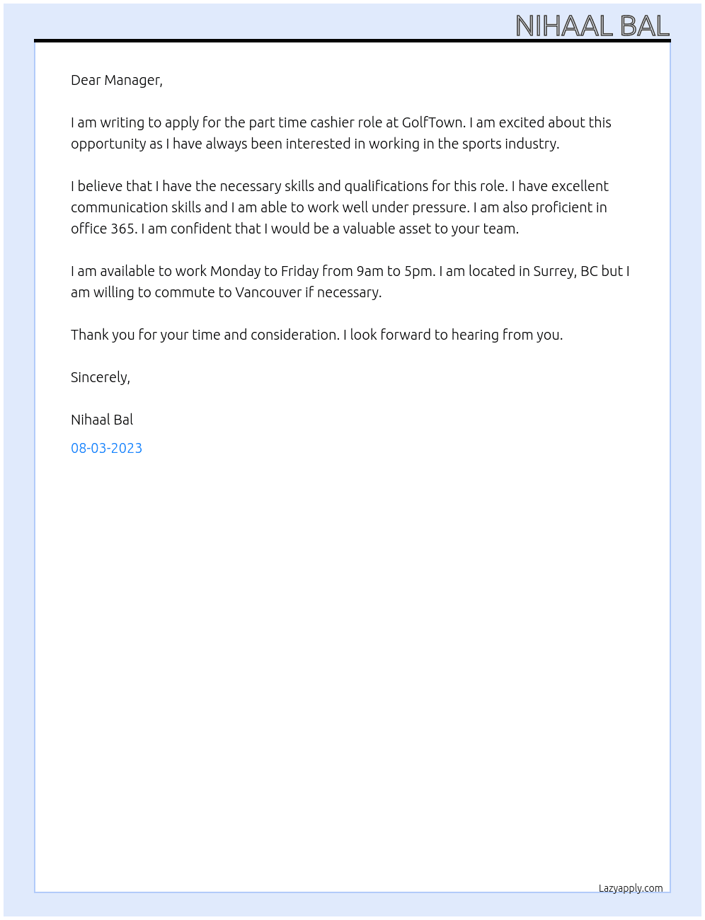 Sports store At GolfTown Cover Letter