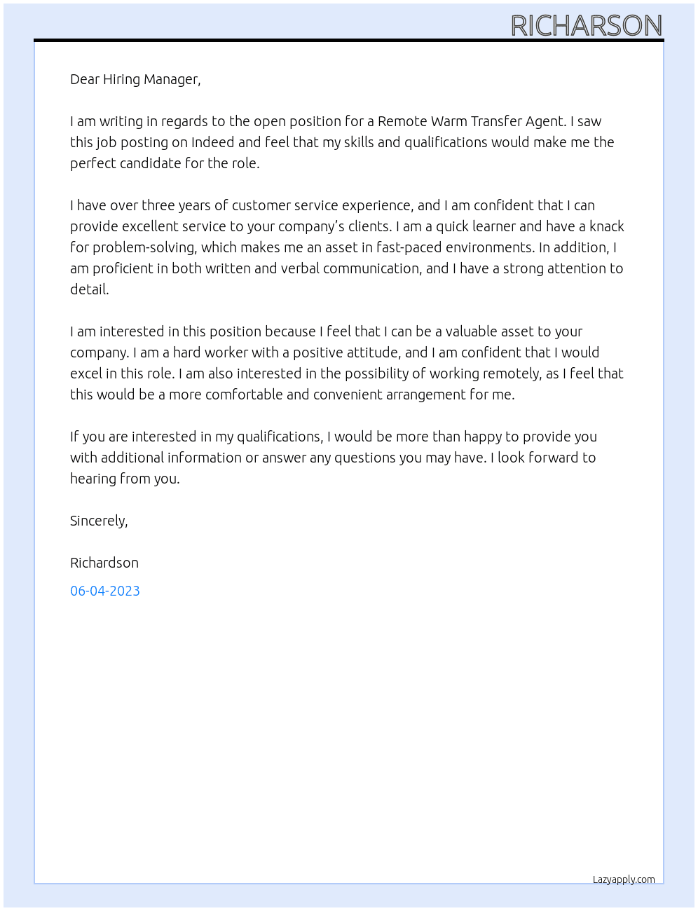 customer service At Remote Warm Transfer Agent Cover Letter