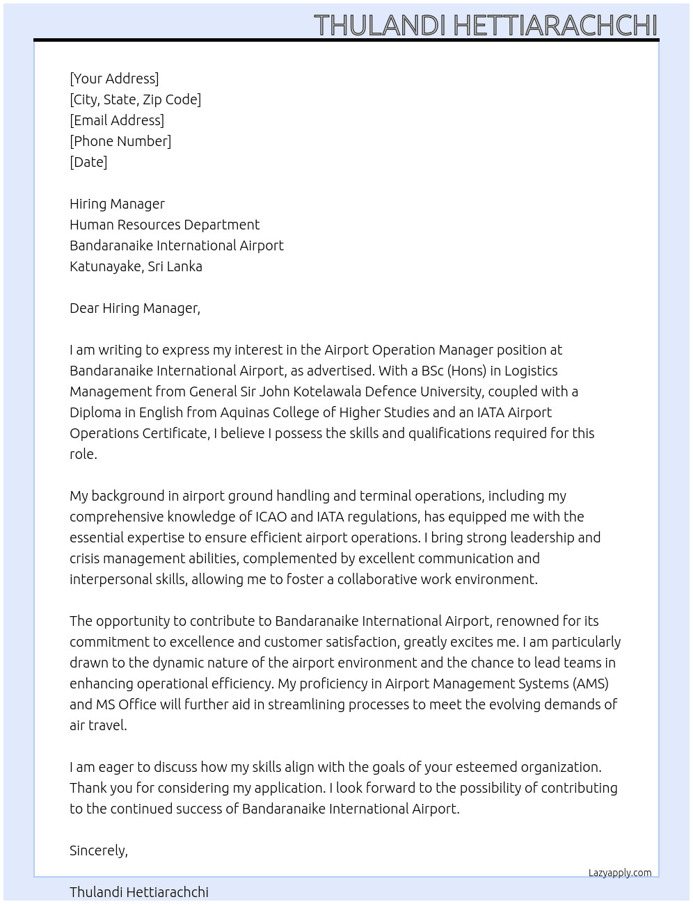  Airport Operation Manager At  Bandaranayake International A Cover Letter