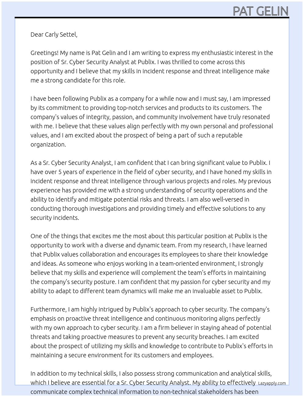 sr. cyber security analyst At Publix Cover Letter