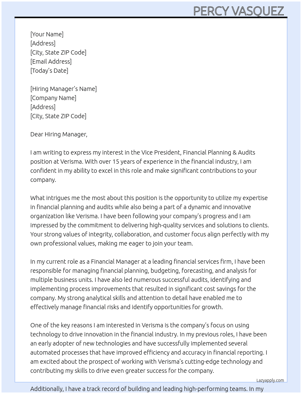 Vice President, Financial Planning & Audits At Verisma Cover Letter