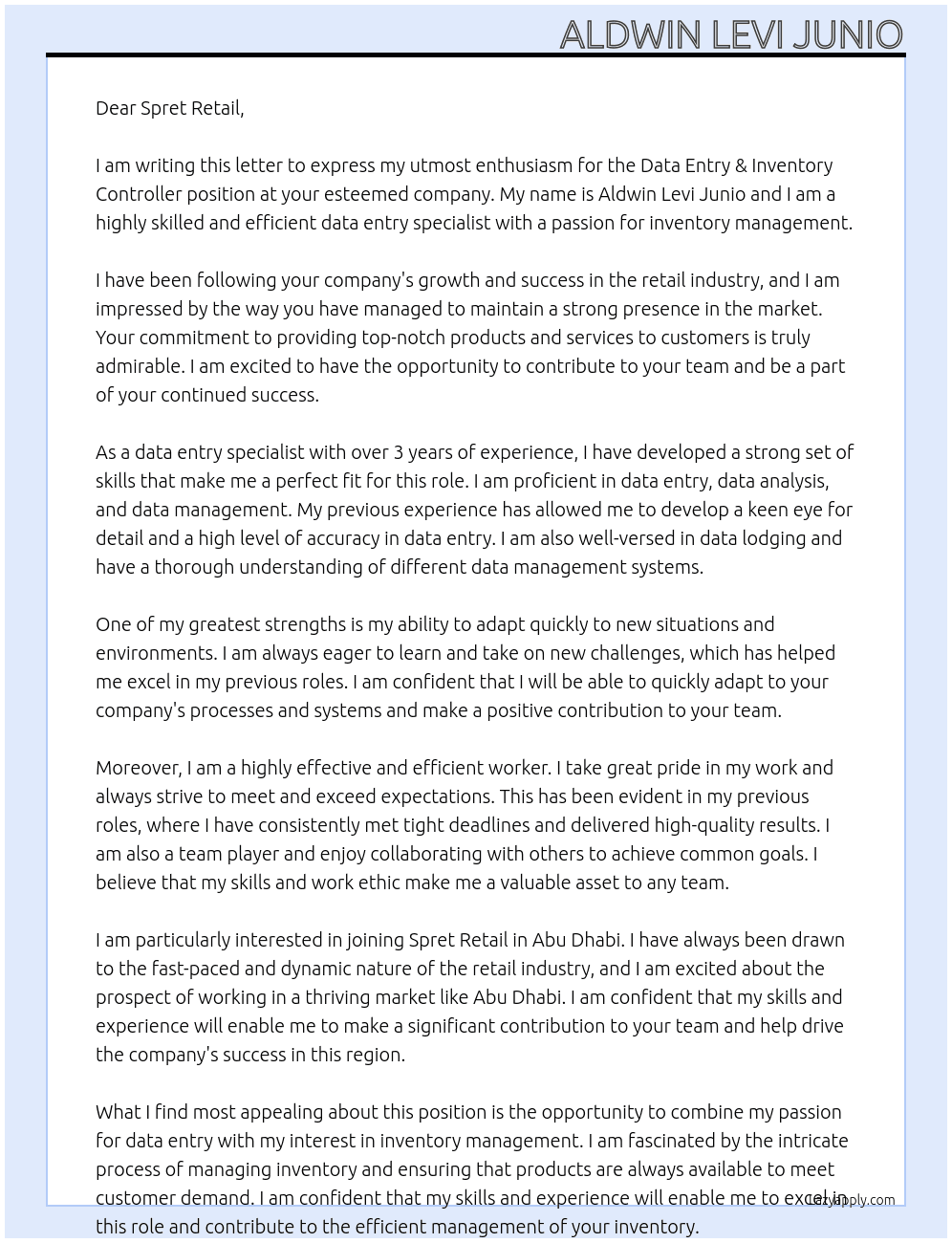 Data Entry & Inventory Controller At Spret Retail Cover Letter