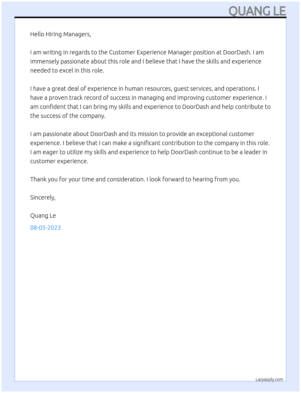Customer Experience Manager At DoorDash Cover Letter