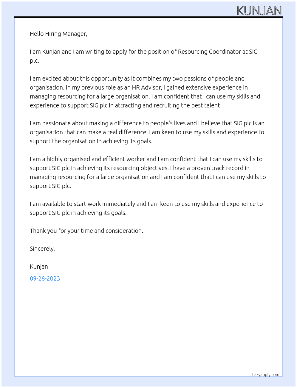 Resourcing Coordinator At SIG plc Cover Letter