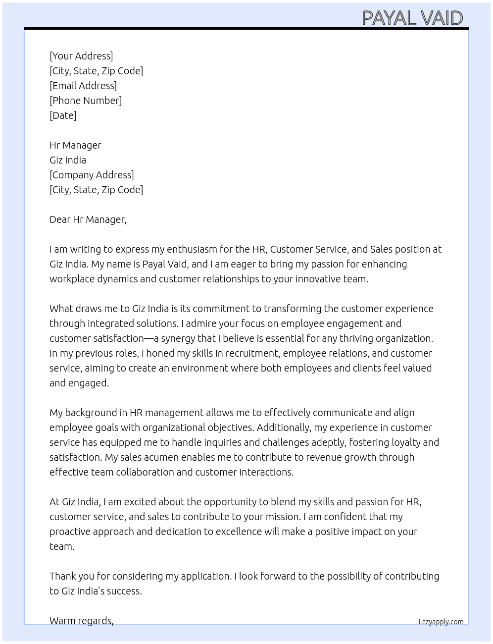 Cover letter for hr , costomer service, sale's - LazyApply