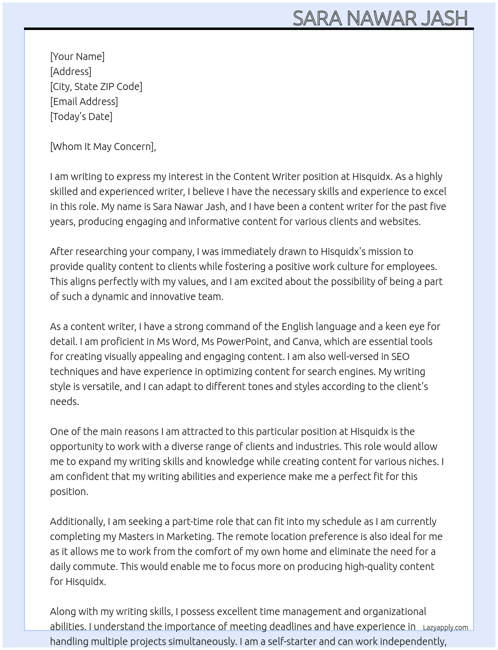 Content writer At hisquidx Cover Letter