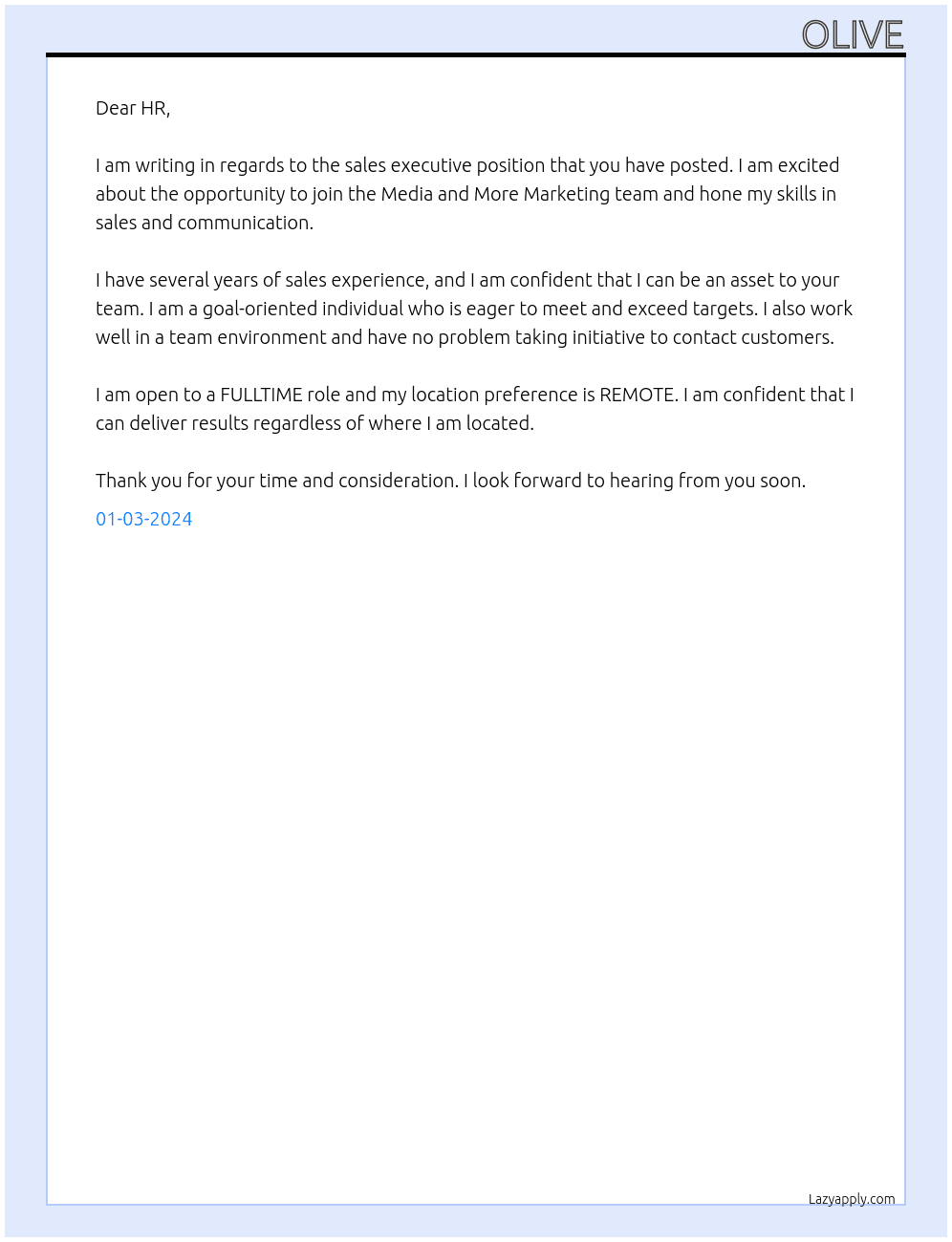 sales executive At Media nd more marketing Cover Letter